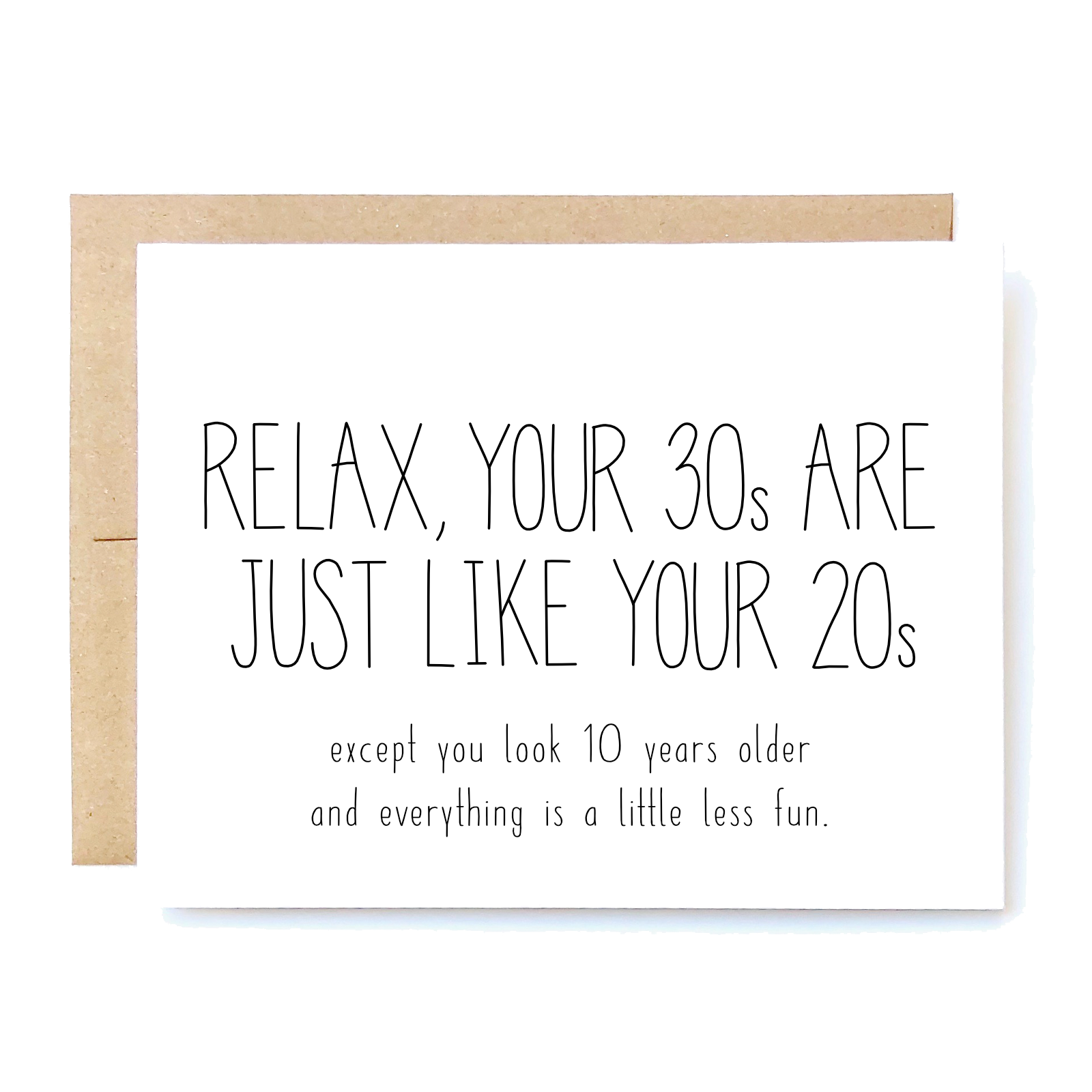 Card Front: (Birthday Card) Relax, Your 30s are Just Like Your 20s, except you look 10 years older and everything is a little less fun.